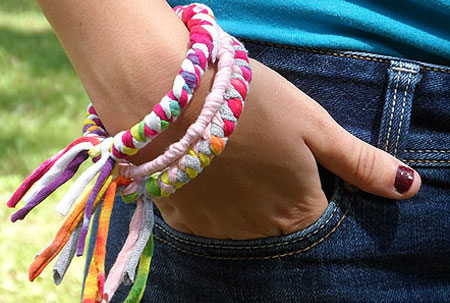 Cut up old t-shirts and tops to make these colourful bracelets