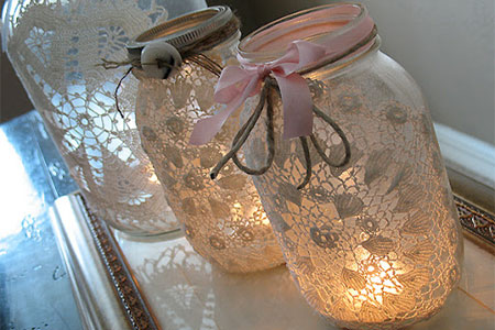 Use fabric or paper doilies to dress up recycled glass jars