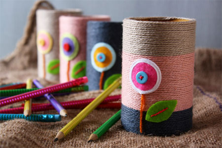 Crafts for tweens recycled cans wrapped with string pencil holders