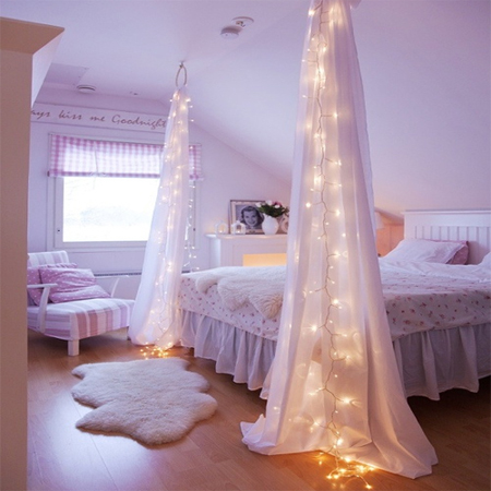fairy string lights drapes canopy bedroom