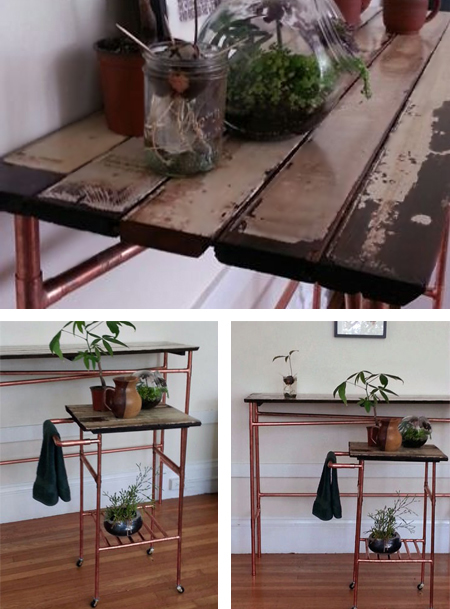 copper pipe reclaimed timber kitchen table and trolley