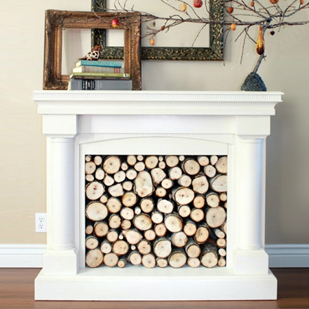 Faux log panel for real or faux fireplace 
