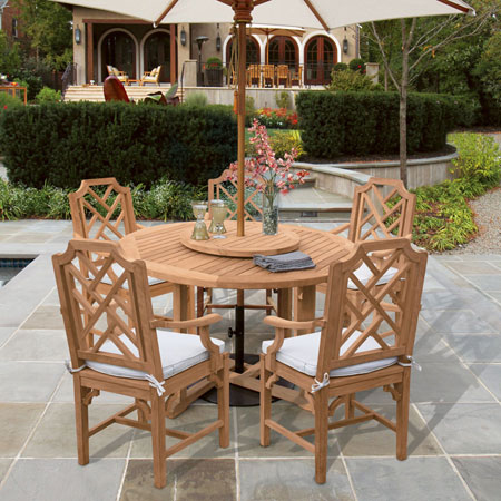 Indoors or outdoors, fitting a table with a lazy susan or rotating turntable adds a fun element to dining