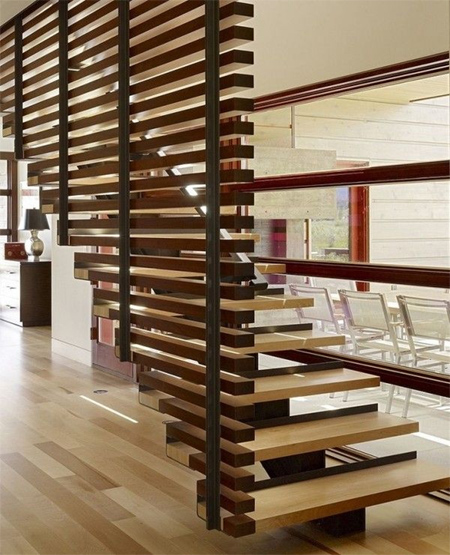 modern staircase with timber wood slat side panels