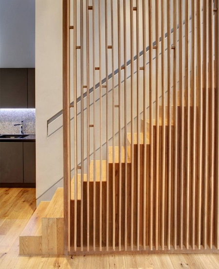 modern contemporary staircase timber wood treads stairs open wood slat side panels