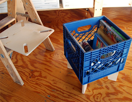 recycle upcycle plastic crates into upholstered stools or chairs or plastic crate tables