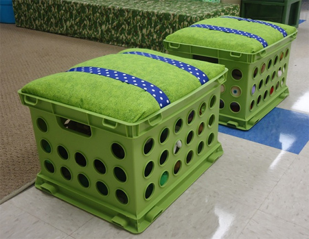 recycle upcycle plastic crates into upholstered stools with lift up lid for storage