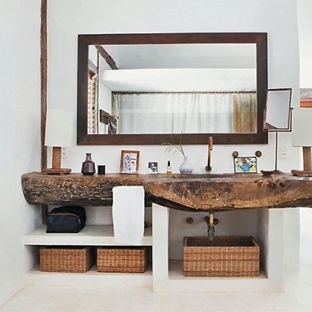 Decorate a home in modern rustic style  bathroom reclaimed timber accents 