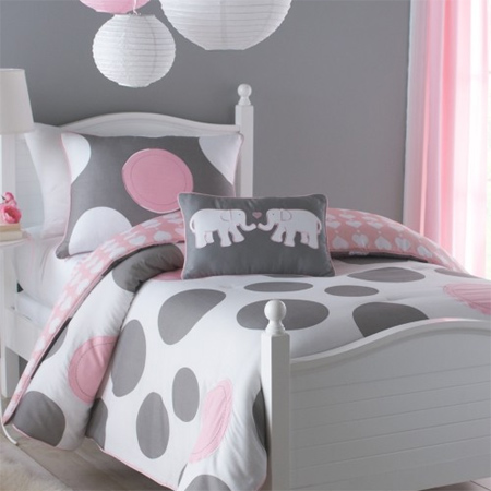 girl children kids teen duvet bedding pink grey white polka dot