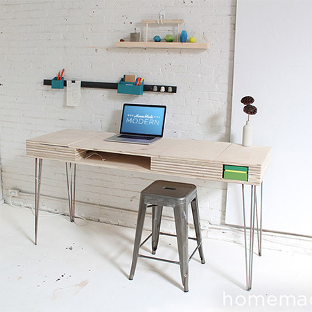 plywood desk with flip up lids on storage
