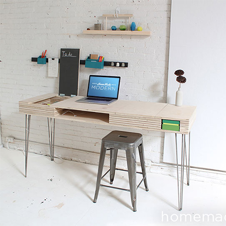 plywood desk with flip up lids and storage compartments