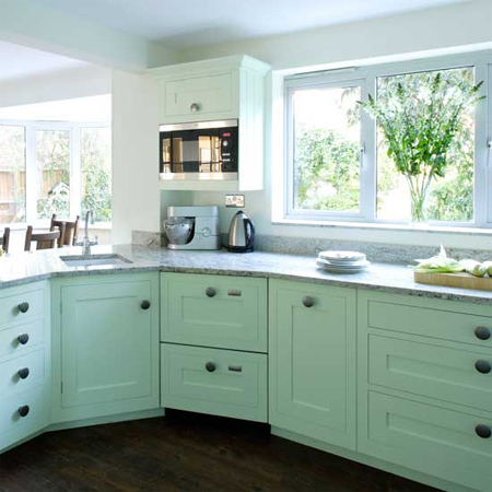 Plain white melamine kitchen goes coastal pale light mint painted finish