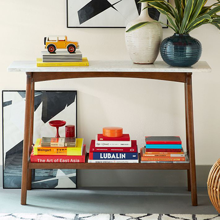 mid century reproduction diy console table with shelf