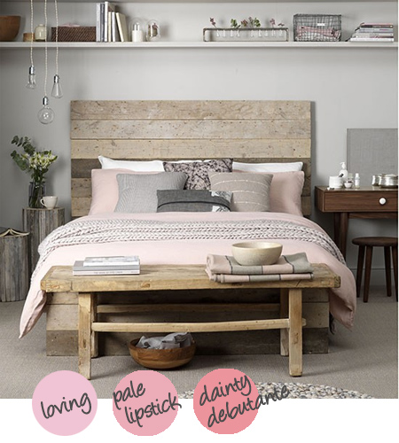 Decorate with shades of grey and soft pink with reclaimed wood furniture