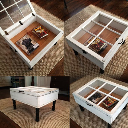turn old reclaimed window frame into storage coffee table
