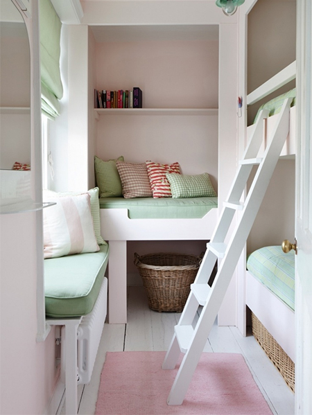 3 children bunk beds in small bedroom in tiny shared bedroom