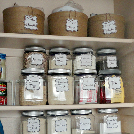 Rope wrapped plastic bins for pantry storage