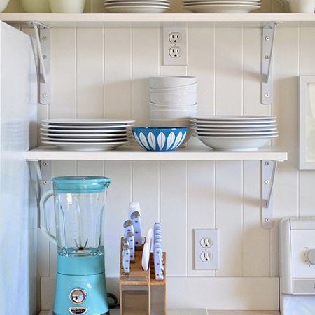 Boring traditional kitchen goes chic shelving open on brackets