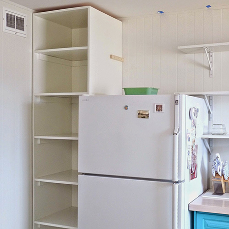 Boring traditional kitchen goes chic built in shelf unit pantry