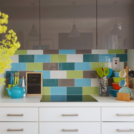 Family home that's filled with colour glass subway tile splashback