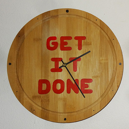 Turn a bamboo bread board or cutting block into a wall clock and be constantly reminded to 'get it done'