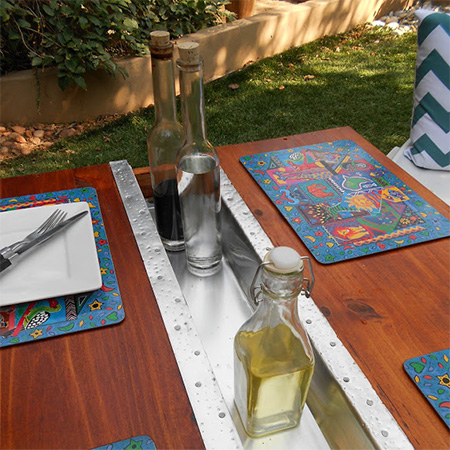 garden table with centre channel for sauces and condiments
