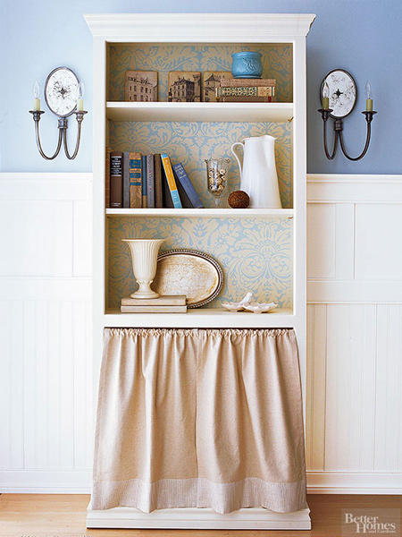 how to make a diy bookcase or bookshelf ideas with fabric skirt panel