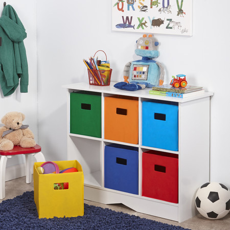 Colourful storage unit for a child's bedroom with recycled cardboard boxes sprayed with rustoleum 2x spray paint