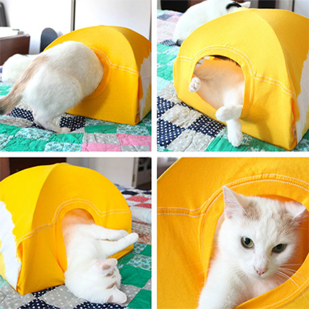 kitty tent is made using an old (or new) t-shirt, a couple of coathangers and a few inexpensive supplies