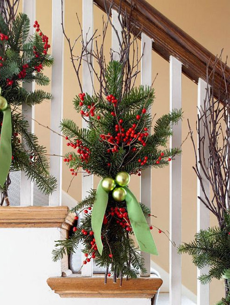 old baubles add festive flair to staircase decorations