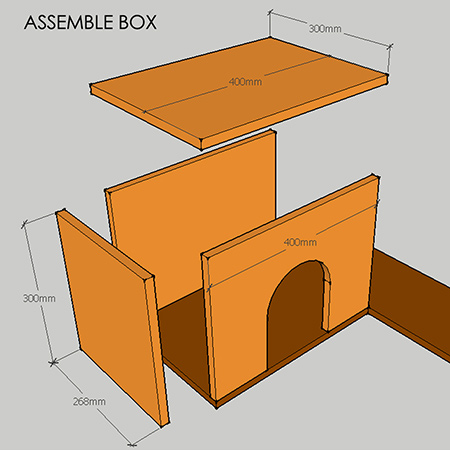 5. Assemble the box by securing the front and back onto the platform from underneath; insert the one side section and secure through the base and also through the front and back sections. Attach the top.