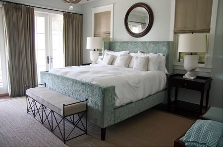bedrooms in muted teal and taupe or neutral hues