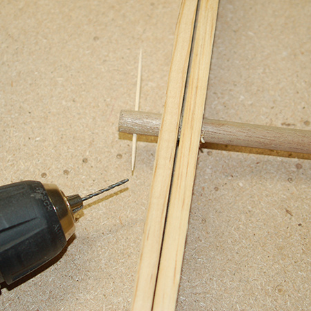 4. Cut the dowel to 600mm length, or longer if required. 10mm in from both ends drill a small hole with a 1.5mm bit. 
