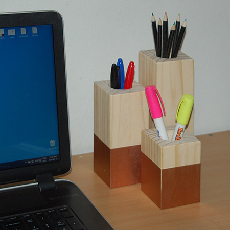 The same blocks can also be used as pen and pencil holders to keep your work space clutter-free. You will see below that it is easy enough to drill out the centre to make a handy holder.