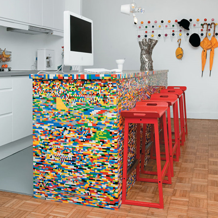 While you may not have this many lego blocks, ask family and friends for assistance and use lego blocks to make larger projects, like this kitchen island.