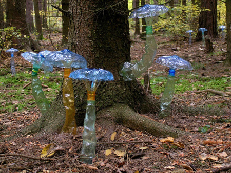 a collection of ethereal recycled PET plastic bottle toadstools