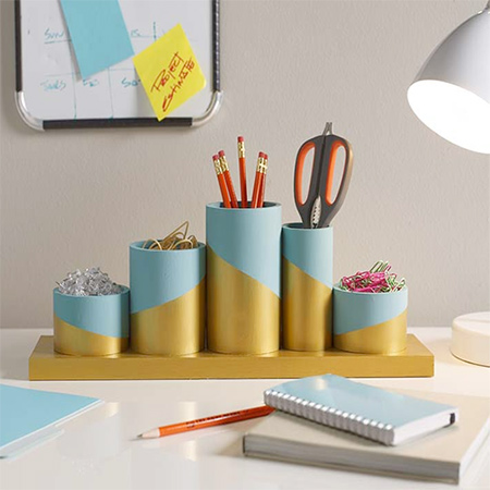Here's a colourful PVC pipe desktop organiser that you can make to keep your workspace organised. Colour blocking with paint adds a fun design element.