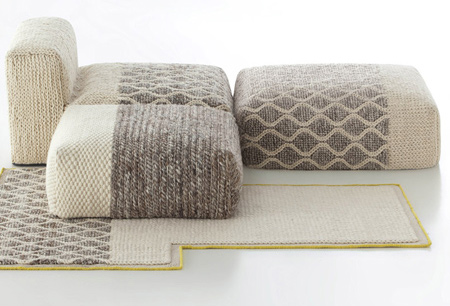 The knitted and woven panels are wrapped around a medium-density foam block