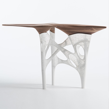 Originally conceived as a private work, the 'Transitional Fields Table' brings together nature and technology. The table incorporates a CNC-milled walnut top and delicate 3-D prototyped legs - structurally challenging, and inspiring. The concept was to bring the tectonics of nature into the client's home, whilst also being at the forefront of fabrication and design. 