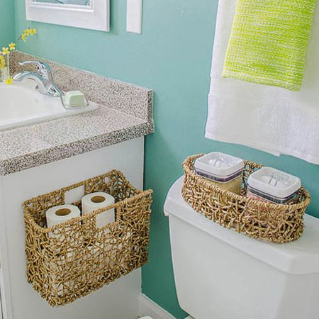 Baskets are perfect for coralling clutter, especially in a bathroom