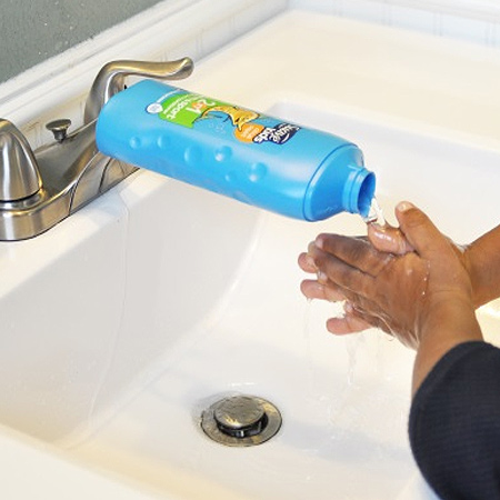 If kiddies struggle to reach the tap, cut a hole in the underside of an empty plastic bottle and fit this over the tap