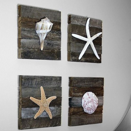 Add coastal design to a wall using reclaimed wood planks trimmed to make mounting boards for seashells or collectibles. Use a biscuit joiner or Kreg pockethole jig to join the planks together