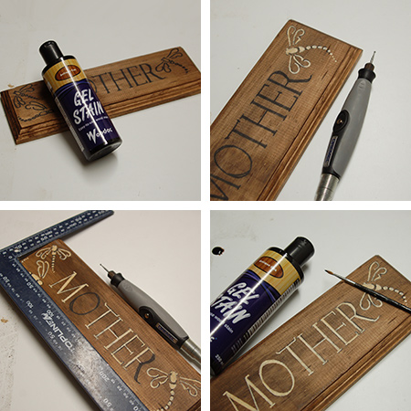 The wording was then outlined with a fine-point permanent marker before we applied Woodoc Gel Stain to tint the wood in a warm Antique Oak colour. Once you have finished engraving, you can use a small paintbrush and gel stain to touch up any areas where you may have gone over the lines.
