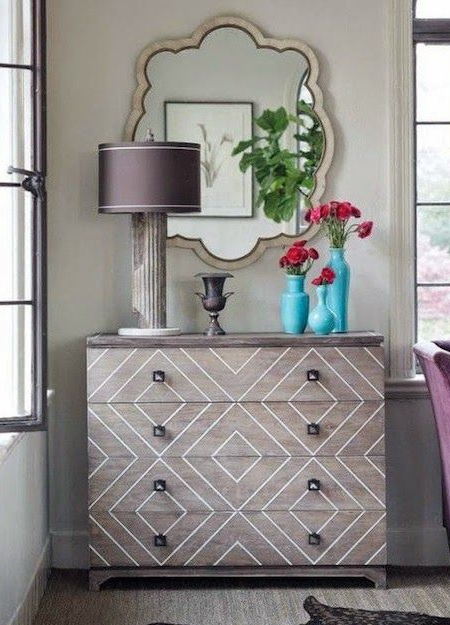 Masking tape and white acrylic PVA in matt add a trendy geometric design to these pine chest of drawers. After painting, you can leave natural or apply Woodoc Gel Stain in your choice of wood tint and then add a couple of coats of Prominent Paints clear acrylic sealer to protect and keep clean.