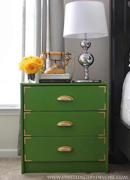 Sometimes all it takes is a coat or two of paint, new handles, and adding brass corners onto drawer fronts. If you are unable to find brass corners, use steel corners and apply a coat of Rust-Oleum brass spray paint.