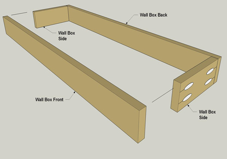 1. See diagram below to assemble the wall box front, back and side sections using wood glue and pockethole screws. 