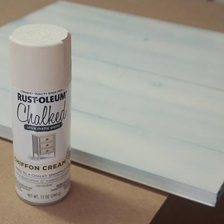 After spraying with the base colour, apply Rust-Oleum Chalked Linen White or Chiffon Cream.