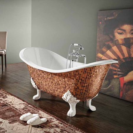 Today's modern cast iron bathtubs come in a variety of shapes and styles; from claw foot bathtubs that feature sleek design, and can even be finished with mosaic tile detail. 