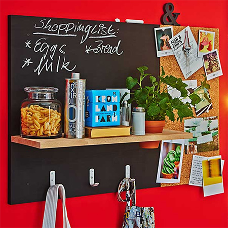 Handy for a kitchen, home office or children's bedroom, this practical wall organiser is easy enough to make and includes a blackboard, pinboard, shelf and hanging storage.