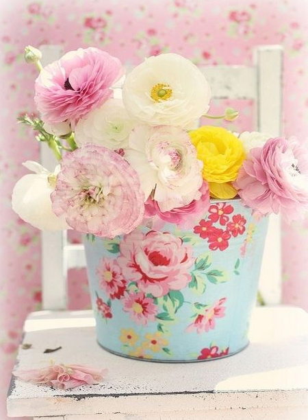 mothers day gift idea - fresh flowers in pastel painted galvanised bucket